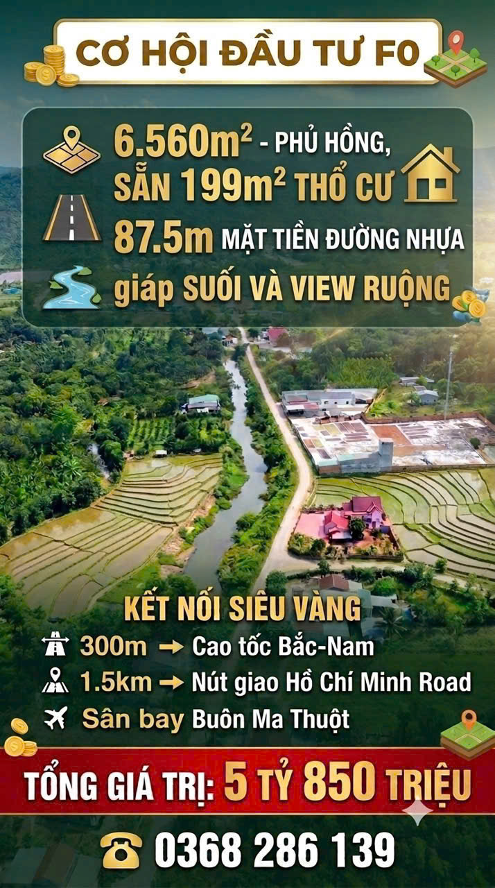CƠ HỘI ĐẦU TƯ FO 6.560M² - PHỦ HỒNG, SẴN 199M² THỔ CƯ, CHỈ 5.5 TỶ. LH:0368286139-3
