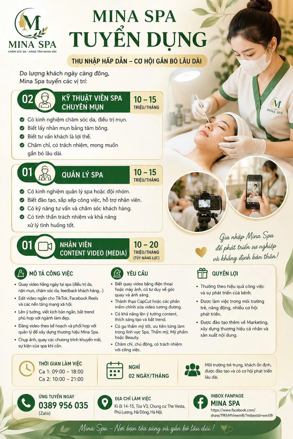 MINA SPA TUYỂN DỤNG – THU NHẬP HẤP DẪN, CƠ HỘI GẮN BÓ LÂU DÀI