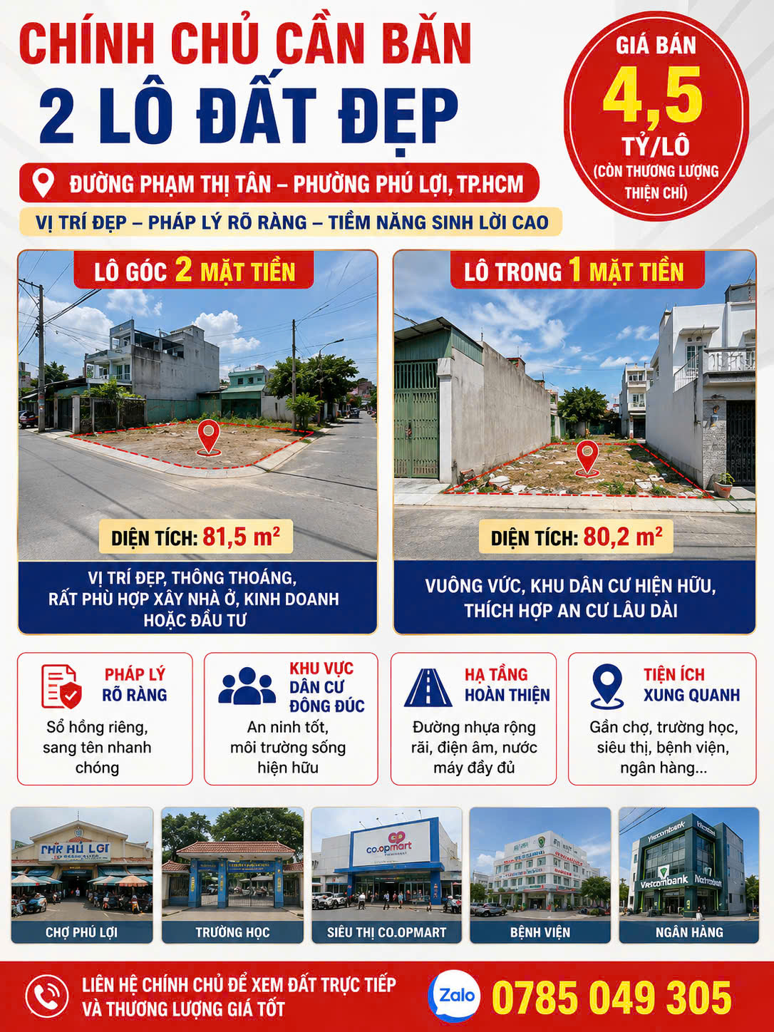 CHÍNH CHỦ CẦN BÁN 2 LÔ ĐẤT ĐẸP ĐƯỜNG PHẠM THỊ TÂN – PHƯỜNG PHÚ LỢI, TP.HCM vị trí đẹp, thông thoáng, rất phù hợp xây nhà ở