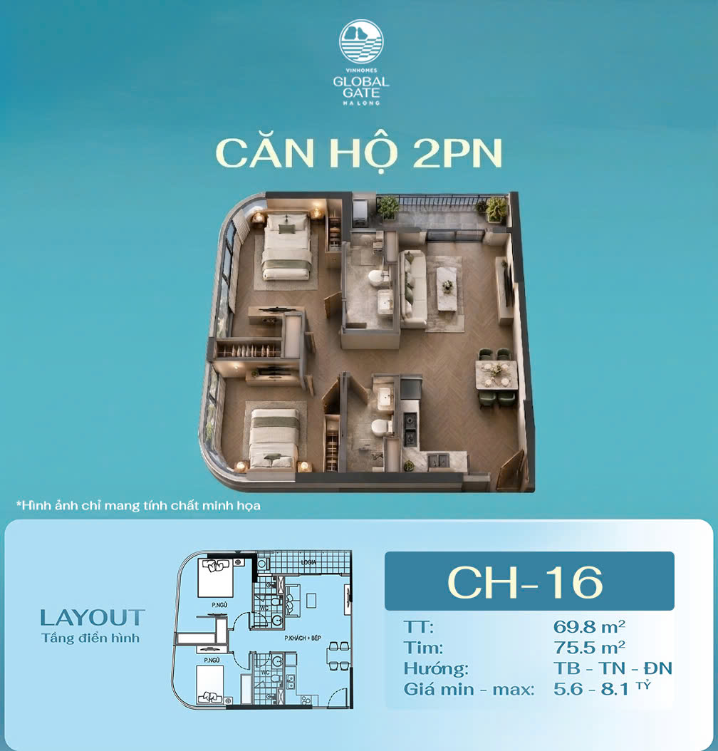 Quỹ căn 2PN góc 70m2 view ôm trọn 3 sân golf 950ha và Vịnh Hạ Long.