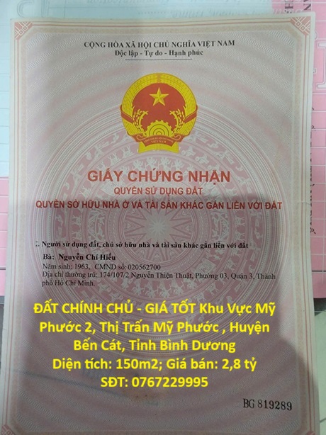 ĐẤT CHÍNH CHỦ - GIÁ TỐT Khu Vực Mỹ Phước 2, Thị Trấn Mỹ Phước , Huyện Bến Cát, Tỉnh Bình Dương