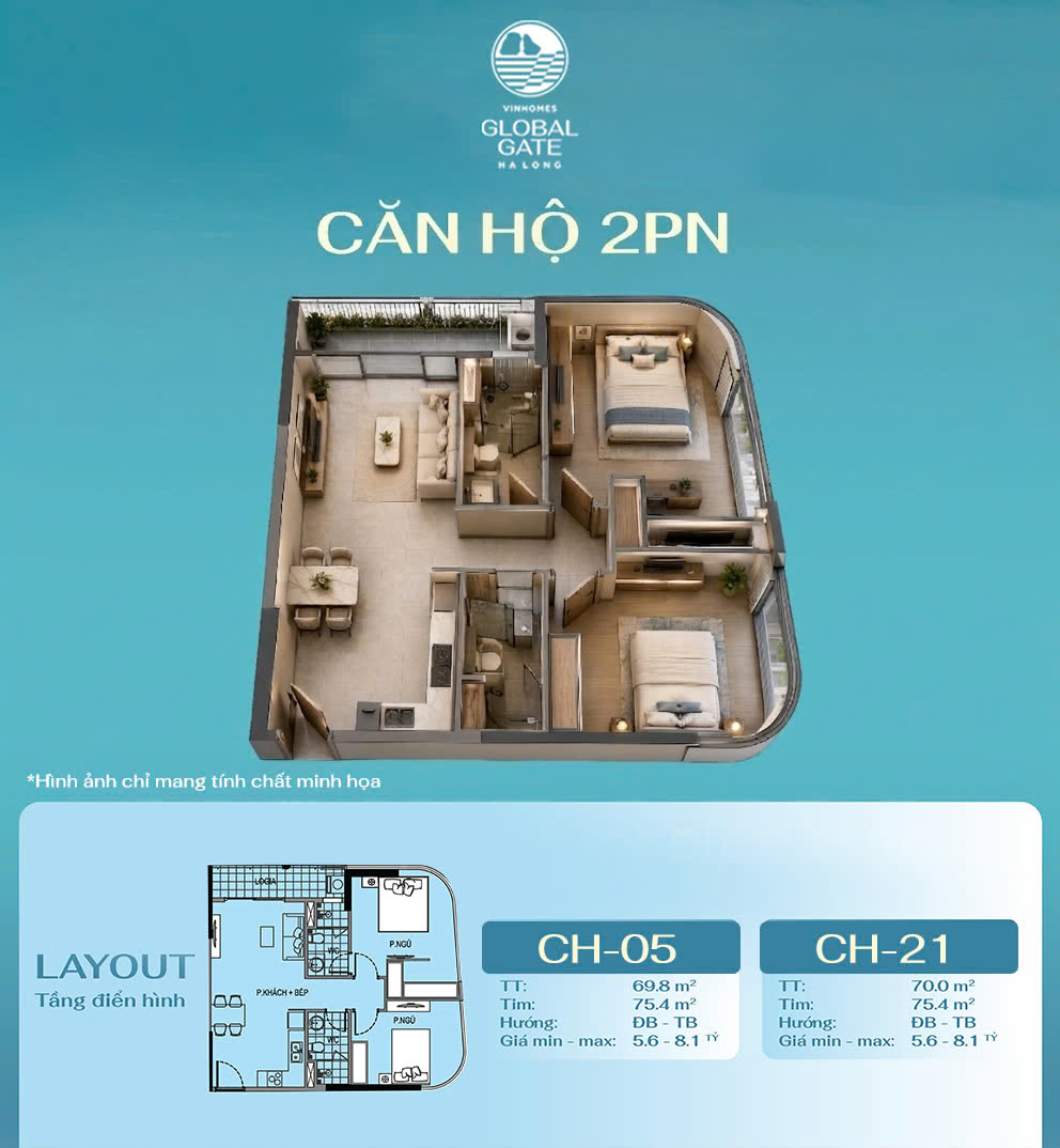 Căn góc 2PN tầng cao view Vịnh di sản top 10 thế giới và 3 sân golf. Liền kề ga Depot T.O.D 23 phút kết nối Hà Nội