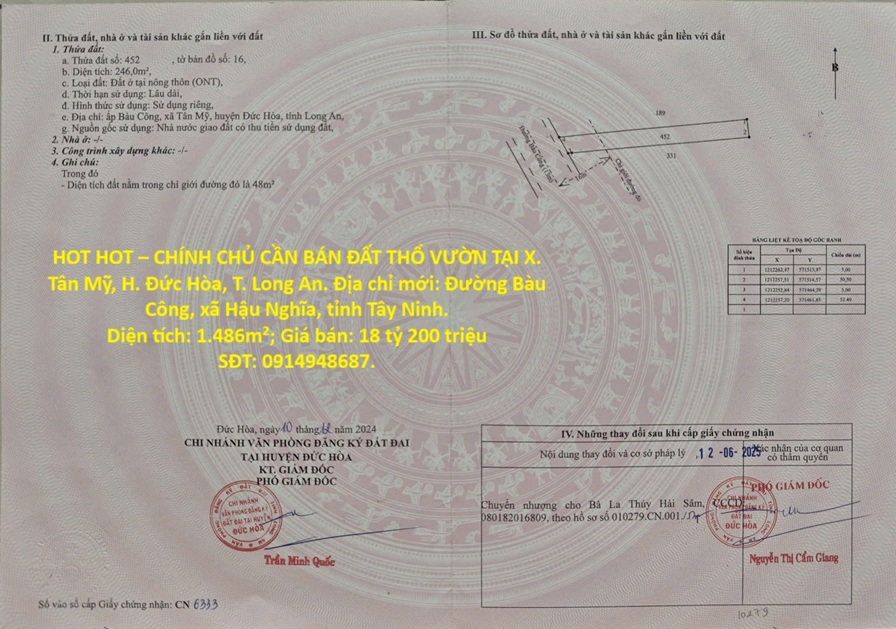 HOT HOT – CHÍNH CHỦ CẦN BÁN ĐẤT THỔ VƯỜN TẠI X. Tân Mỹ, H. Đức Hòa, T. Long An