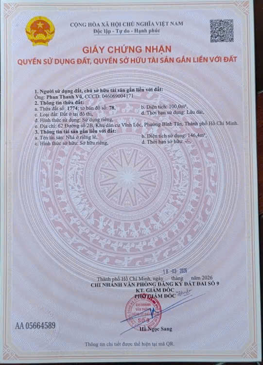 CHÍNH CHỦ CẦN BÁN NHÀ MẶT TIỀN ĐƯỜNG SỐ 62 ĐƯỜNG 2B KHU DÂN CƯ VĨNH LỘC - P. BÌNH TÂN - TP.HCM