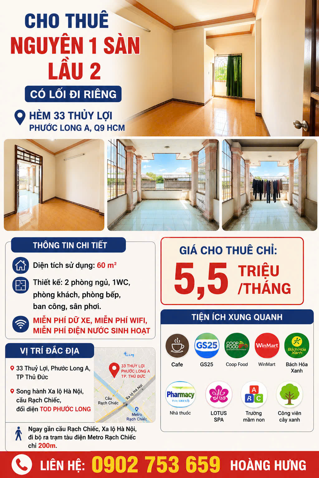 CHO THUÊ 60m2 , NGUYÊN 1 SÀN LẦU 2 , CÓ LỐI DI RIÊNG, TẠI HẺM 33 THUỶ LỢI , PHƯỚC LONG A, Q9 HCM