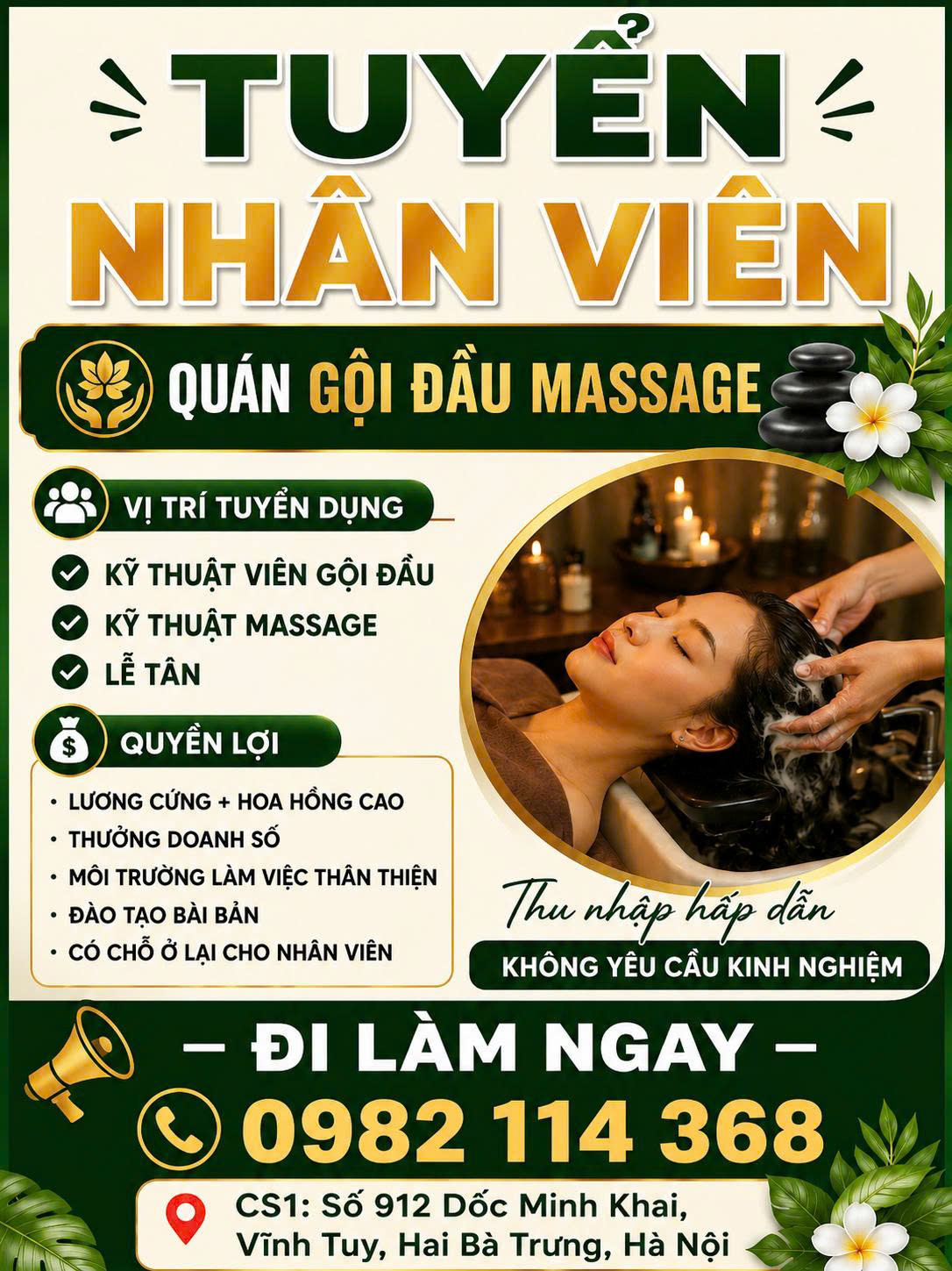 TUYỂN NHÂN VIÊN GỘI ĐẦU MASSAGE – ĐI LÀM NGAY - HAI BÀ TRƯNG, HÀ NỘI