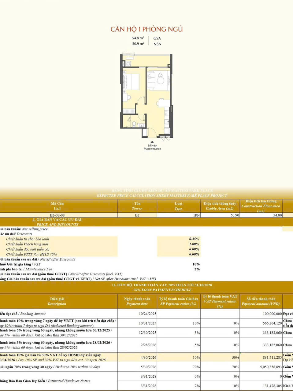CHÍNH CHỦ BÁN CĂN HỘ 1 PHÒNG NGỦ – MASTERI PARK PLACE (CT5) – THE GLOBAL CITY-4