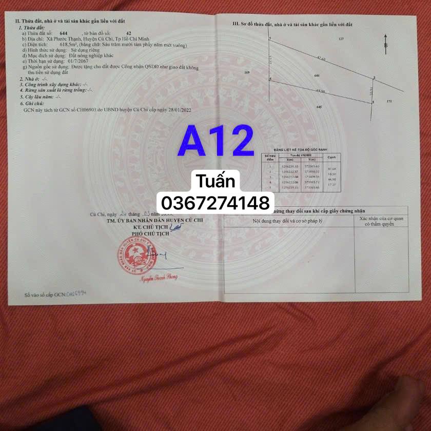 Cần ra nhanh miếng đất vườn 618m2 ở phước thạnh Củ chi - HCM Giá 820 triệu
