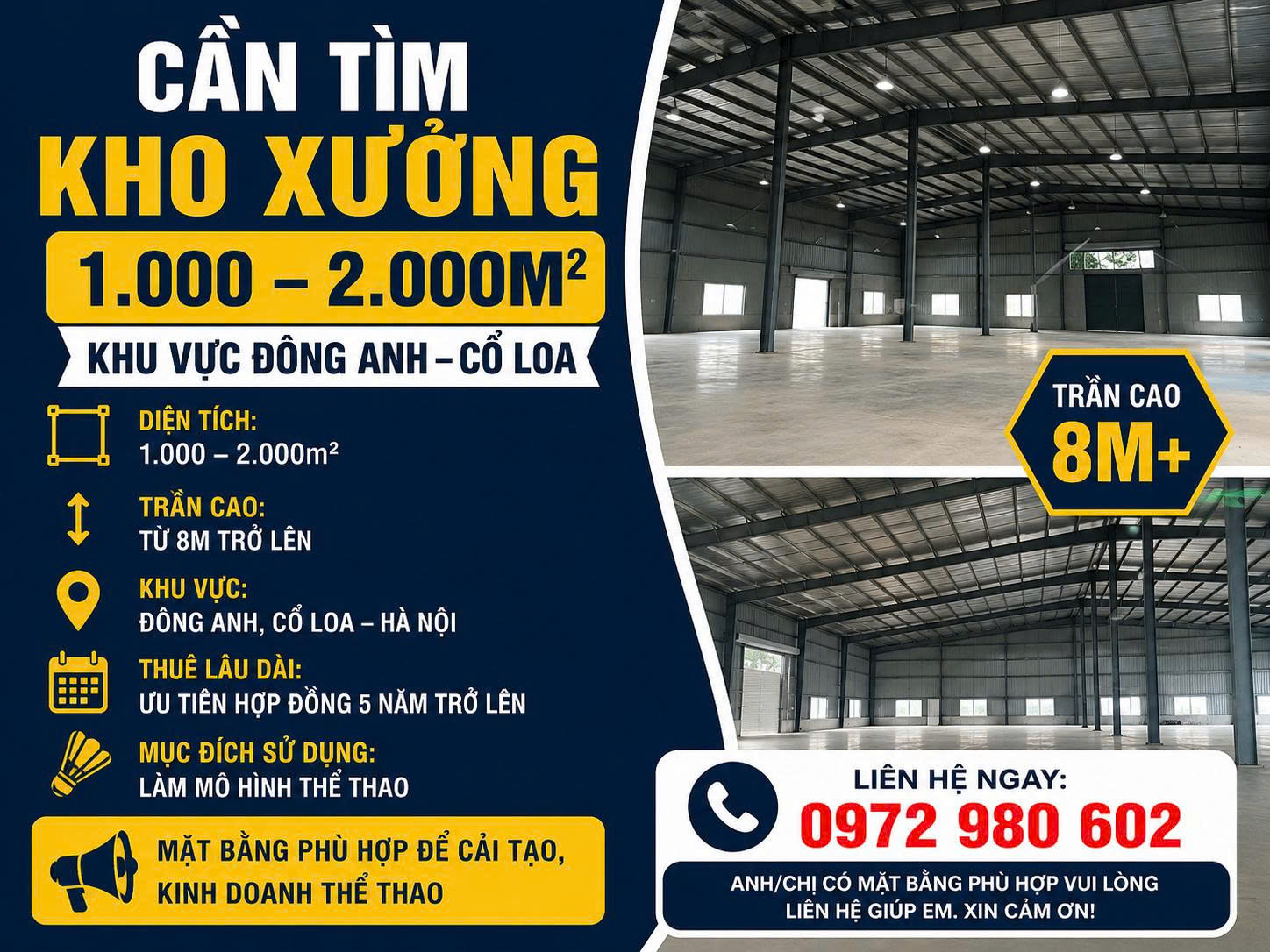CẦN TÌM KHO XƯỞNG 1.000 – 2.000M2 TẠI ĐÔNG ANH – CỔ LOA