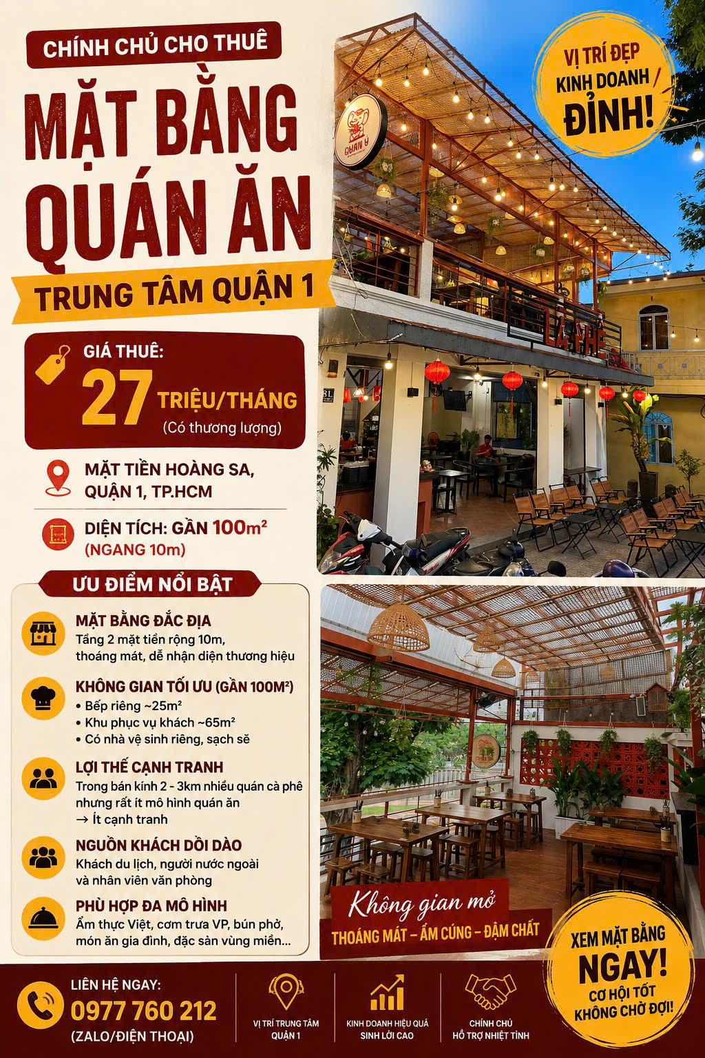 CHÍNH CHỦ CHO THUÊ MẶT BẰNG QUÁN ĂN TRUNG TÂM QUẬN 1 Vị trí: Mặt tiền đường Hoàng Sa, Quận 1, TP.HCM