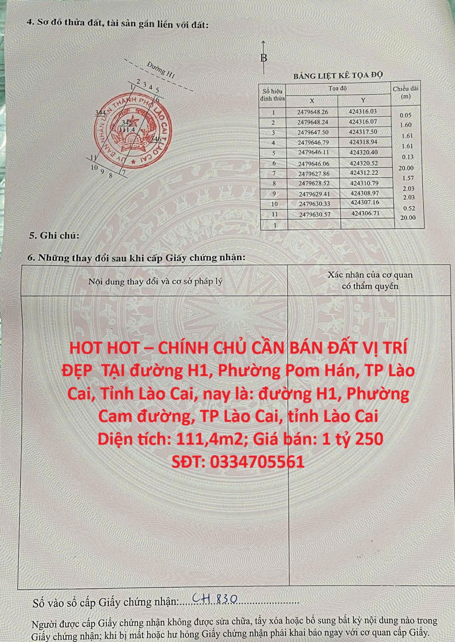 HOT HOT – CHÍNH CHỦ CẦN BÁN ĐẤT VỊ TRÍ ĐẸP  TẠI đường H1, Phường Pom Hán, TP Lào Cai, Tỉnh Lào Cai