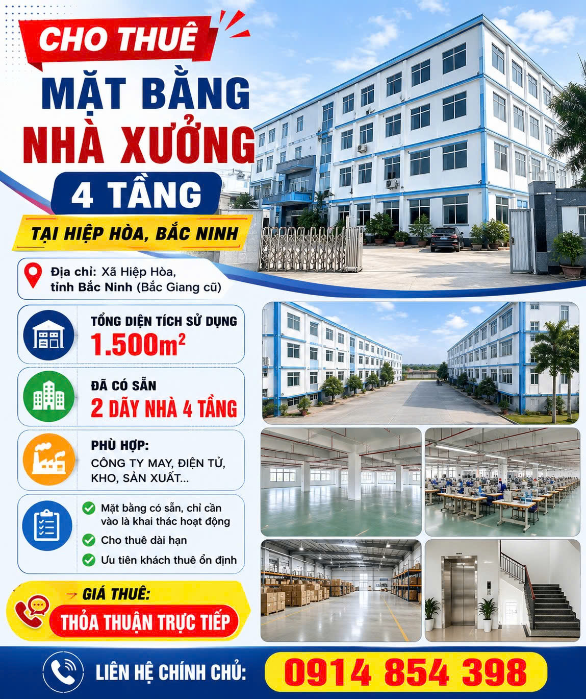 CHO THUÊ MẶT BẰNG - NHÀ XƯỞNG 4 TẦNG TẠI HIỆP HÒA, BẮC NINH