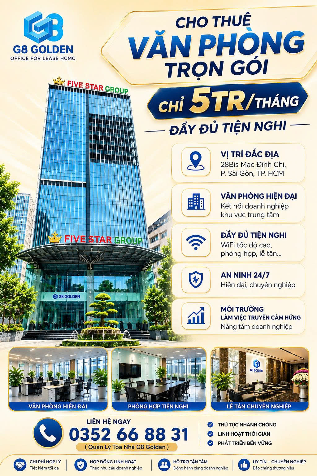 CHO THUÊ VĂN PHÒNGv– FULL NỘI THẤT – VÀO LÀM NGAY-  FIVE STAR TOWER Q.1