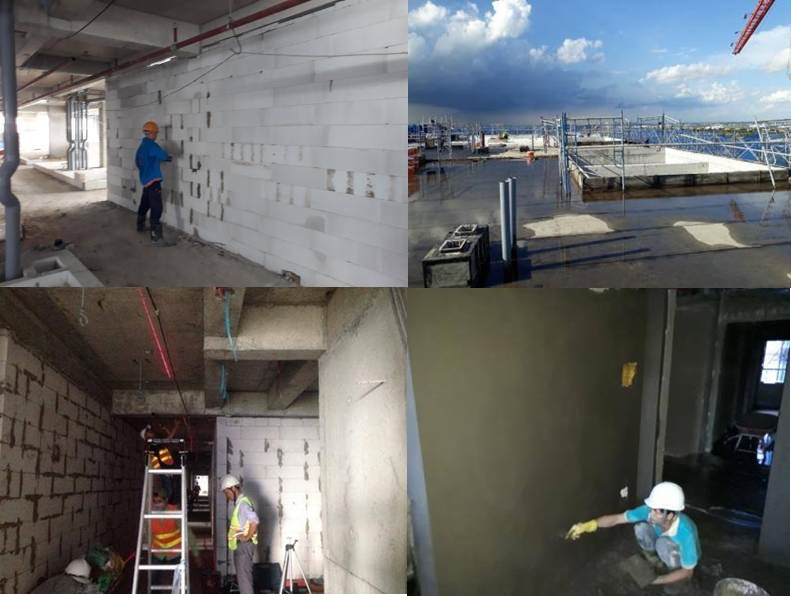 Block CT3 đang xây tường gạch tầng 15-16, chống thấm mái, tô tường tầng 7-8, xây ống nước chữa cháy hành lang tầng 16, lắp đặt hệ thống PVC